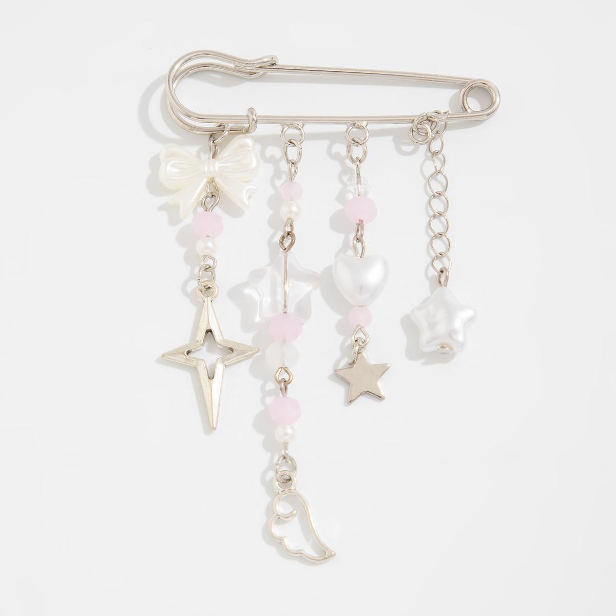 Sweet Romantic Pink White Bowknot Heart Star Shape Tassel Pendant Brooch for Women Exquisite Cute Clothes Accessory Jewelry Gift