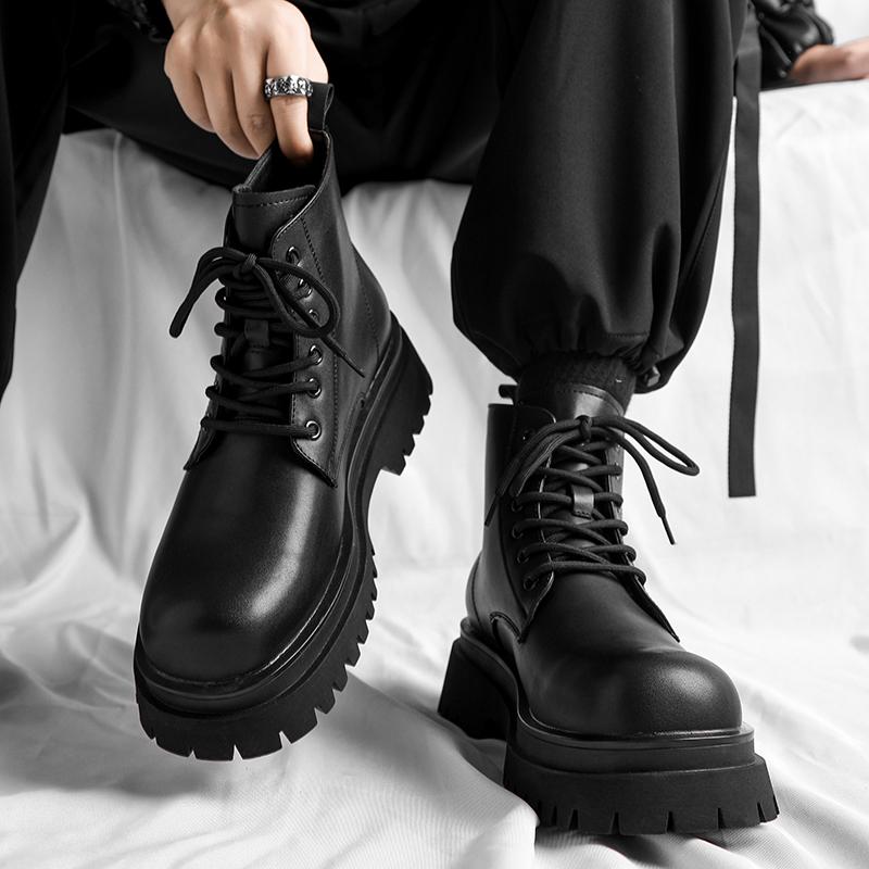 Fashion Mens Casual Original Leather Boots Lace-up Platform Shoes Party Punk Dress Cowboy Ankle Boot Spring Autumn Cool Short Botas Male