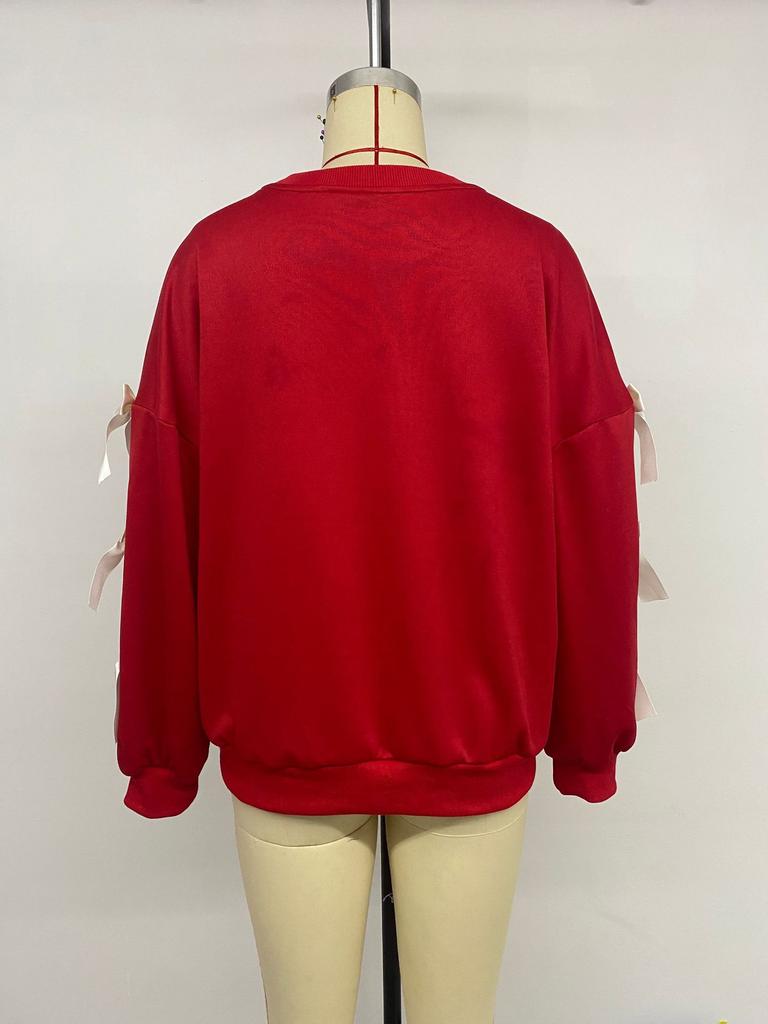 2025 Autumn Winter Women's Red Christmas Sweatshirt Sweet Style Round Neck Bowknot Pullover Top for Women