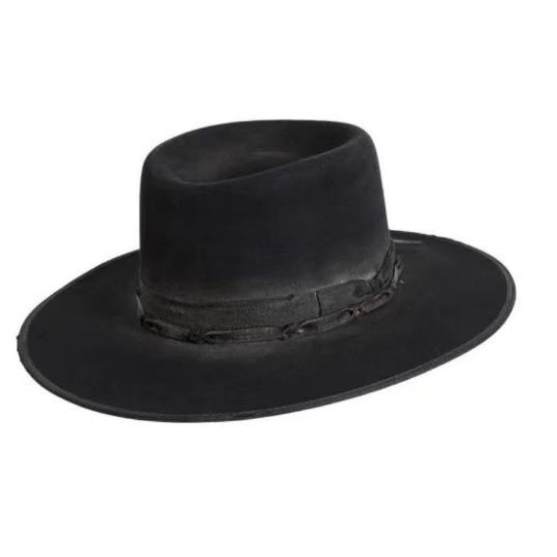 Pork Pie Top Sheep Felt Hat Solid Sheep Felt Hat Web Decorated Pure Wool Felt Hat