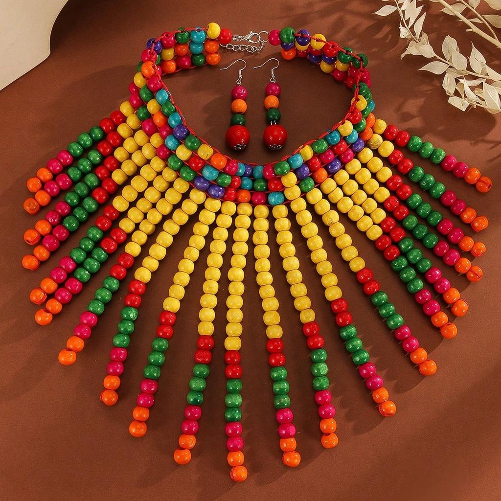 Ensemble de Bijoux Statement Bohème Rétro Ethnique Fait Main Collier Ras-de-cou Tressé en Perles de Bois et Boucles d'Oreilles Accessoires Quotidien pour Femmes