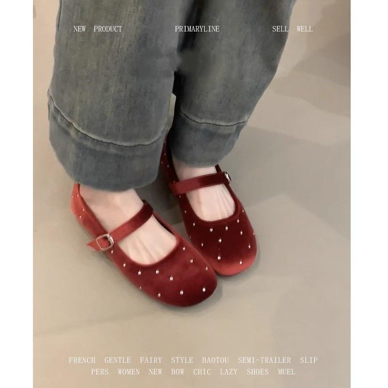 Sheepskin Version~ French Velvet Gypsy Flat-soled Single Shoes Women's Retro Red Square Head with Mary Jane Shoes
