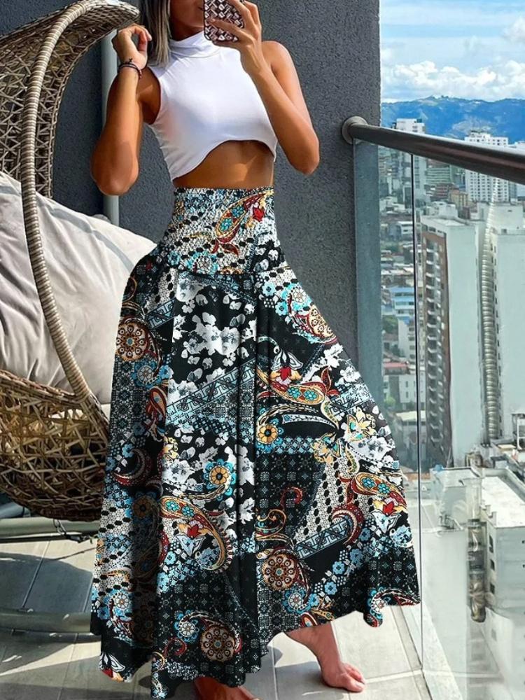 Fashion Cotton Women Floral Print Skirt Side Tie Beach Skirts Summer High Waist Wrap Flower Long Skirt