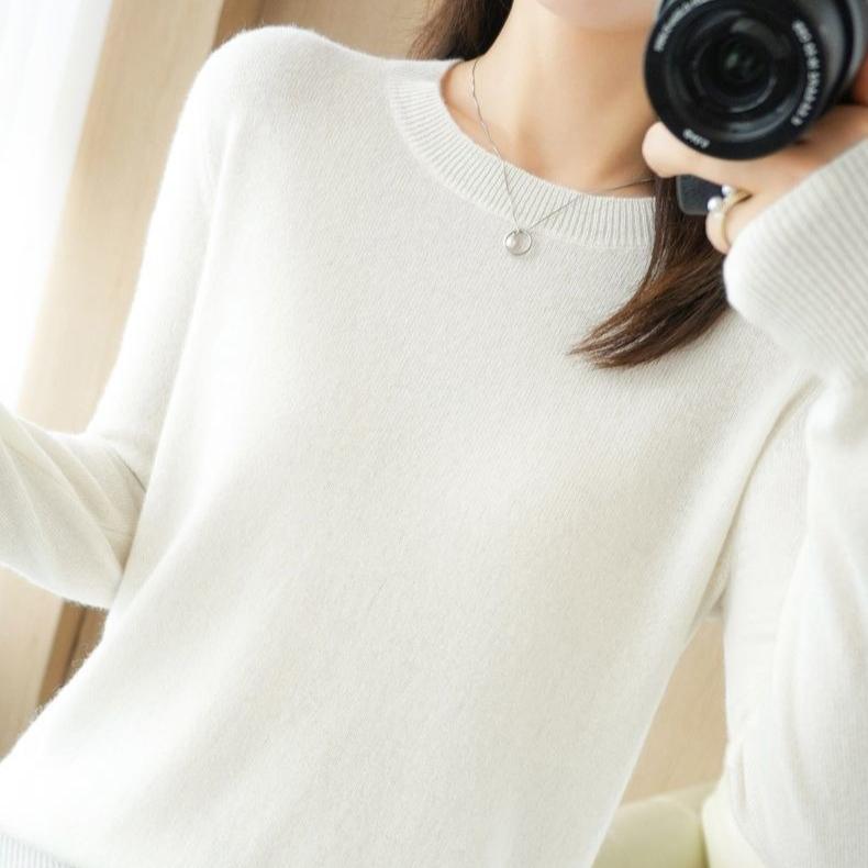 Round-neck Sweater Large-sized Loose Knitted Sweater for Women Base Layer Long-sleeved Solid-color Pullover Spring and Autumn