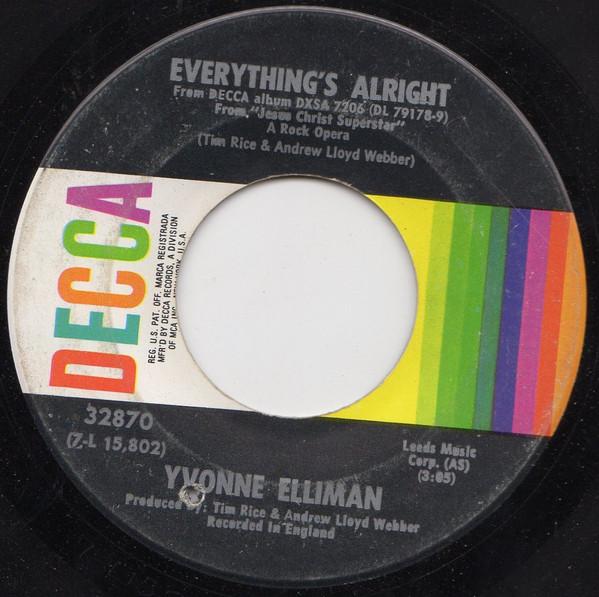 

7inch Record YVONNE ELLIMAN VARIOUS Everythings Alright Heaven On Th 32870 Decca 1971 US Pop Used