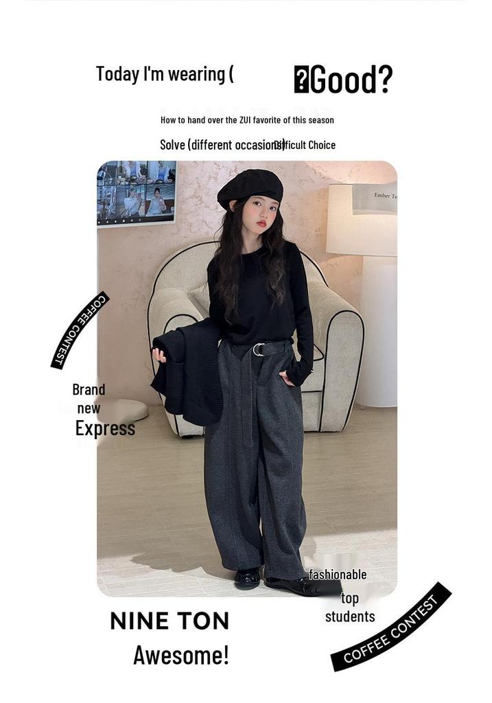 Mädchen Set im koreanischen Stil: Schwarze Strickweste mit Weitbeiniger Hose und Langarmshirt - Ankunft Herbst 2026