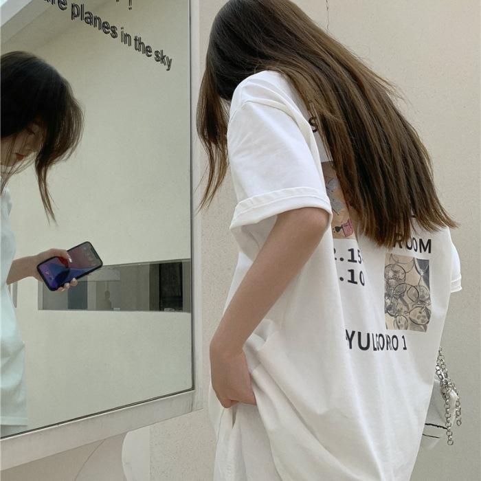 

2025 лето новый хлопок с коротким рукавом в гонконгском стиле нишевый дизайн с принтом на спине футболка женская свободная средней длины большого размера топ S