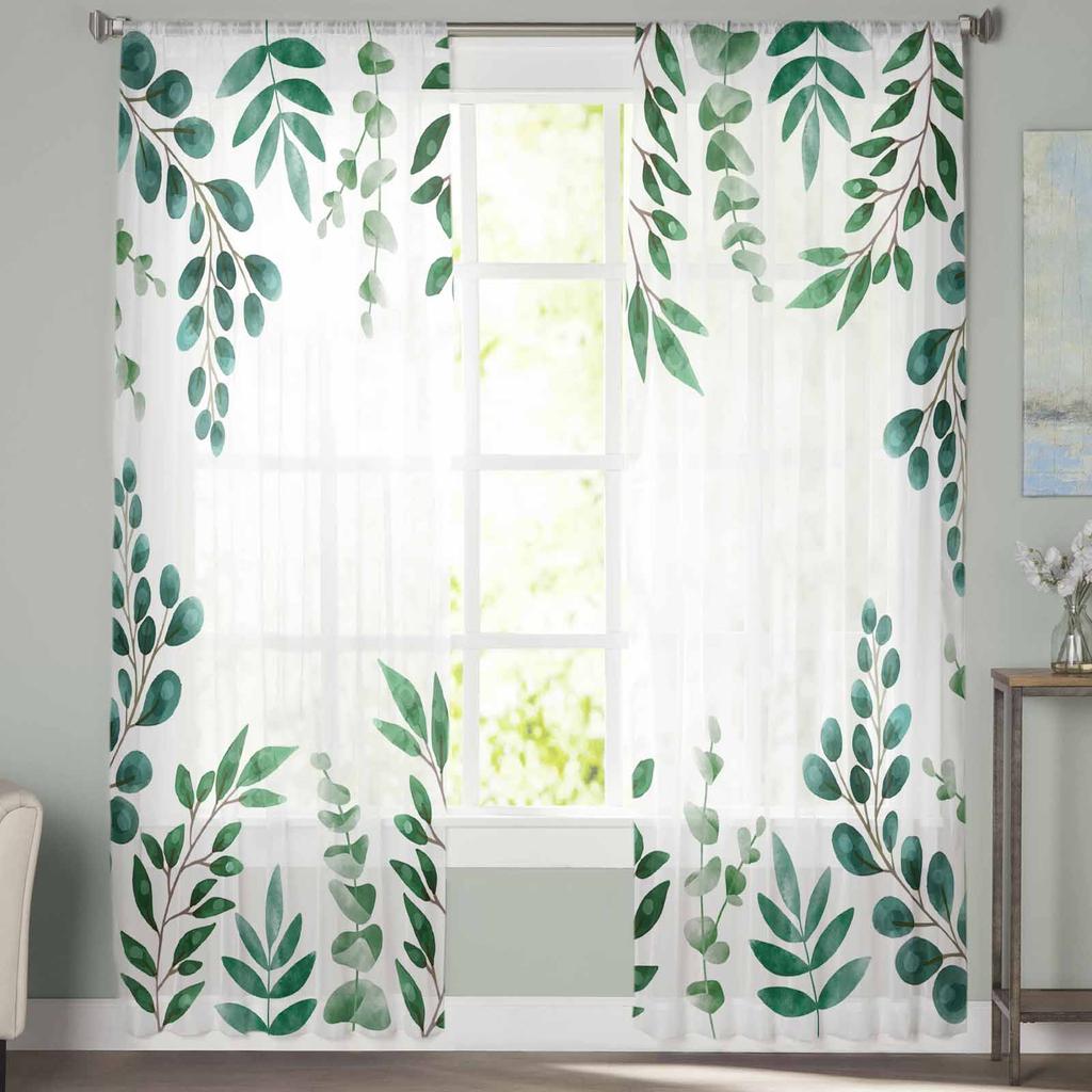 Plant Dark Green Tea Green Leaves Watercolor Rural Sheer Curtains for Kids Living Room Voile Window Curtains Tulle Drapes