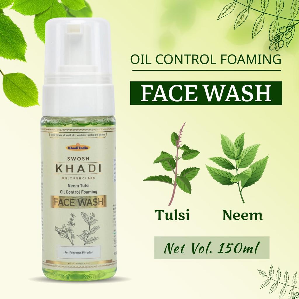 Cleanser with Neem and Tulsi (150 Ml), Khadi Neem Tulsi Oil Control Foaming Face Wash, Swosh