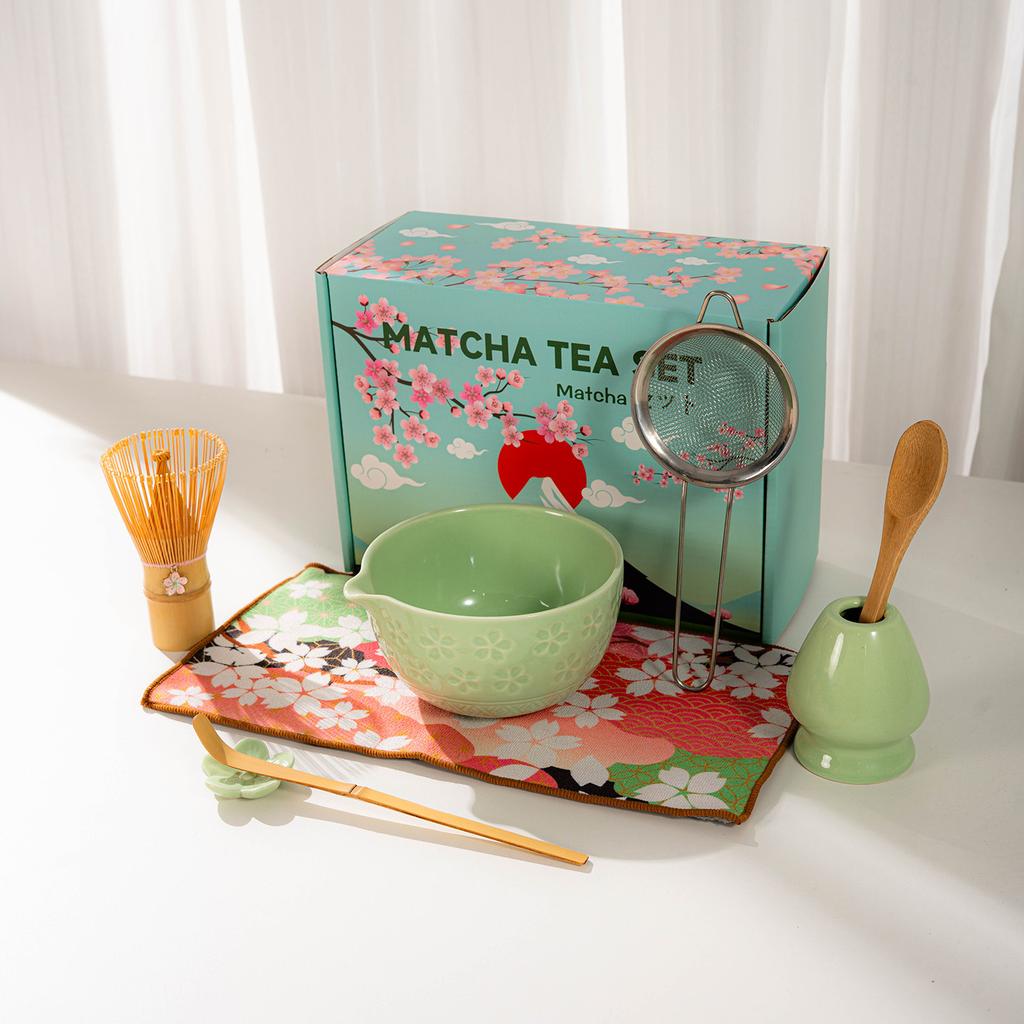 Japanese Matcha Tea Set With Cherry Blossom Pattern, Bamboo Whisk, Ceramic Matcha Bowl, Matcha Making Kit, Tea Utensils Set Gift
