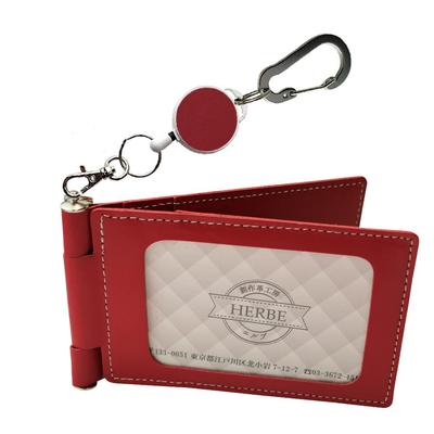 HERBE Pass Case, 4-Sided Storage, Cowhide Leather with Rotating Reel Strap, Made In Japan, Commuter Pass Holder, Red