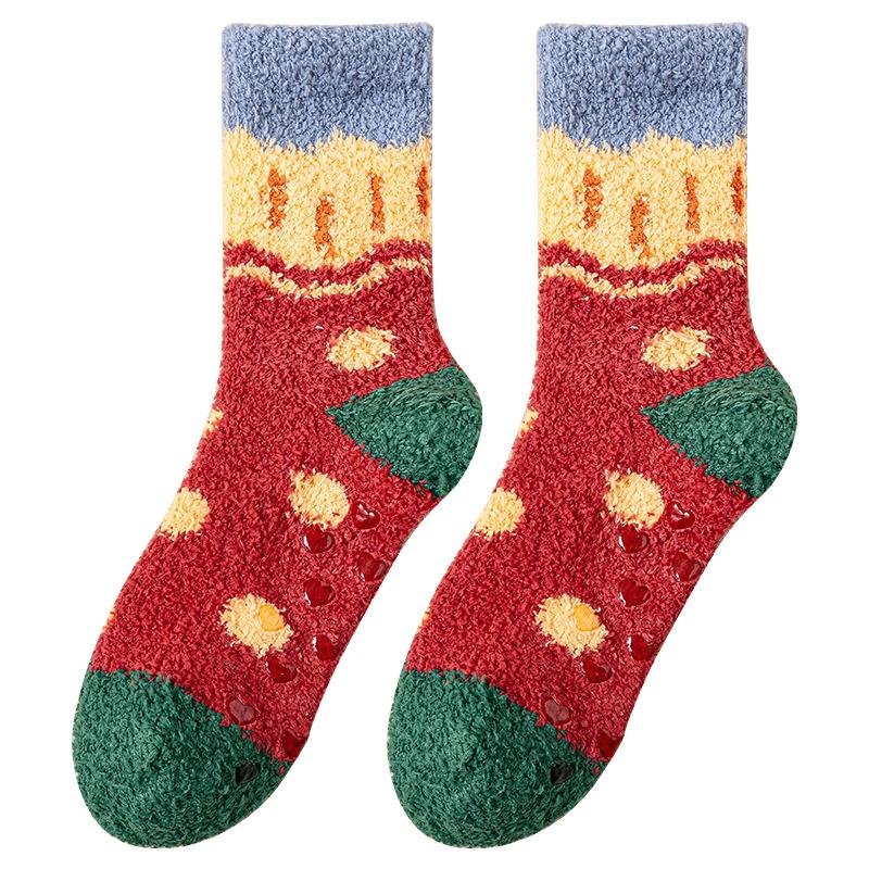 Coral Velvet Socks for Women Thickened Non-shedding Cartoon Furry Jacquard Sleeping Socks Floor Non-slip Warm Home Socks