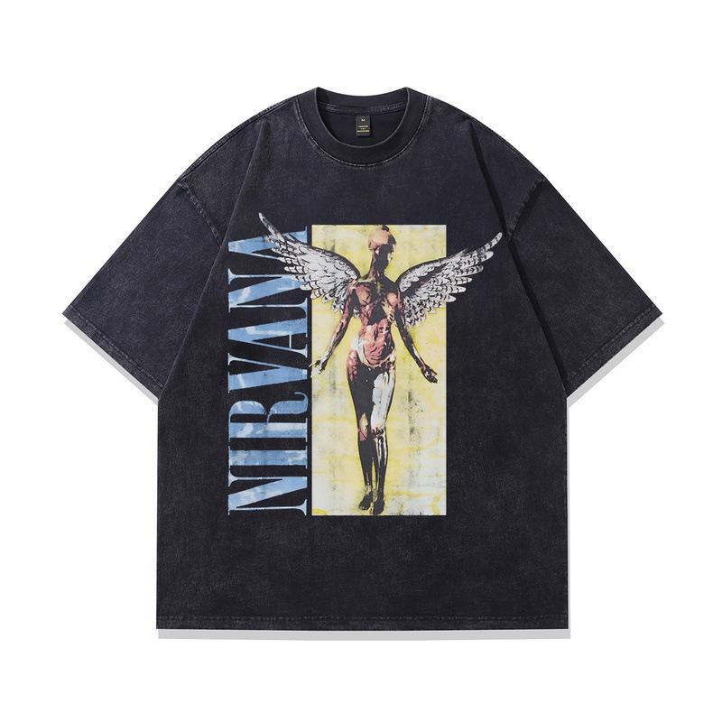 European And American High Street Washed Half-Sleeved T-Shirt Vintage Nirvana Band Printed Vintage Short-Sleeved T-Shirt Men