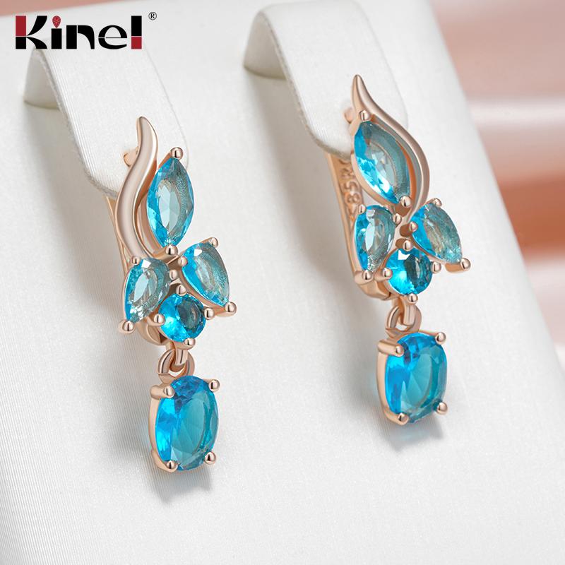 Water Blue Zircon Dangle Earrings For Women Rose Gold Color Long Earrings Fine Jewelry Gift