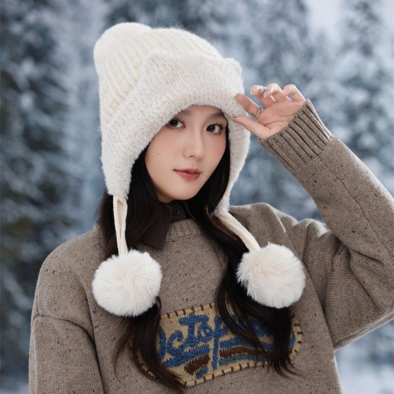 New Fleece Warm Knitted Hat Autumn and Winter Thickened Pullover Ear Protector Wool Fleece Hat Women's Hairball Hat