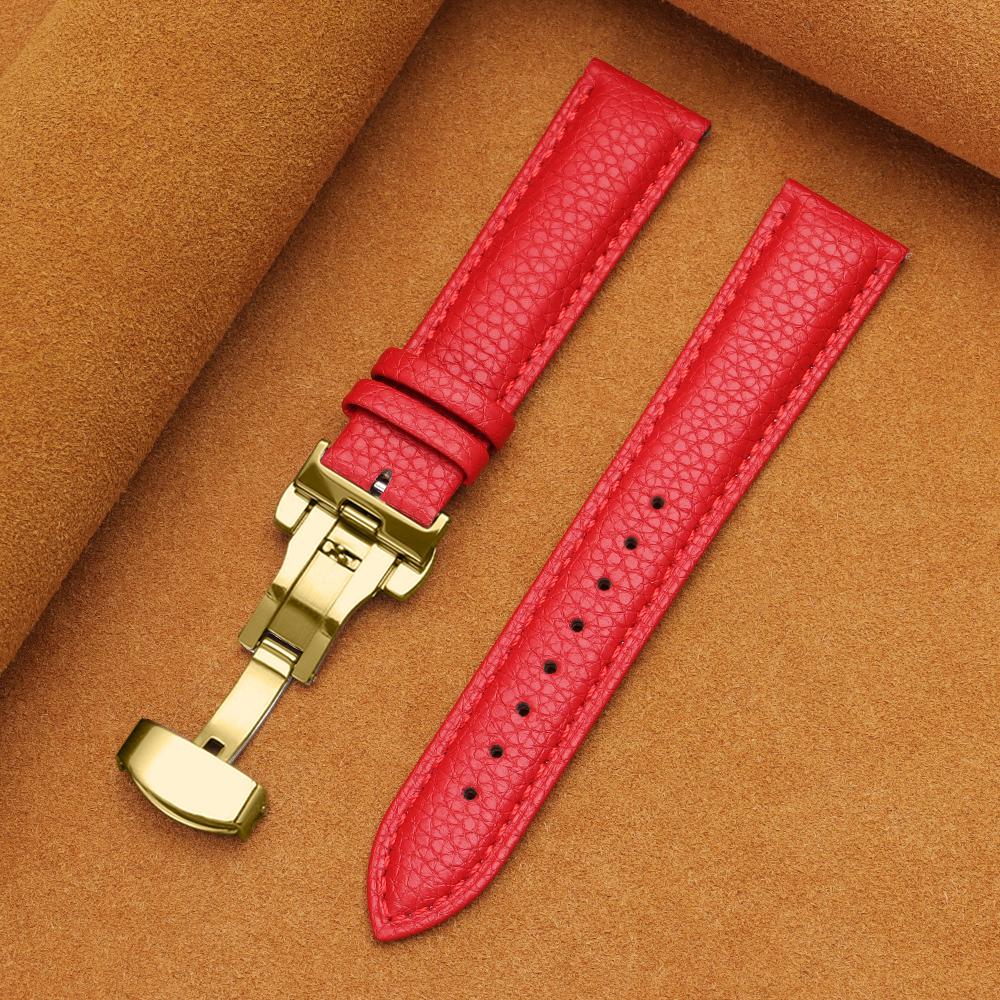 12/14/16/18/19/20/22mm Kalvskinnsklockarmband Litchimönstrad Rem Äkta Läder Armbandsurrem Fjärilsspänne Klocktillbehör