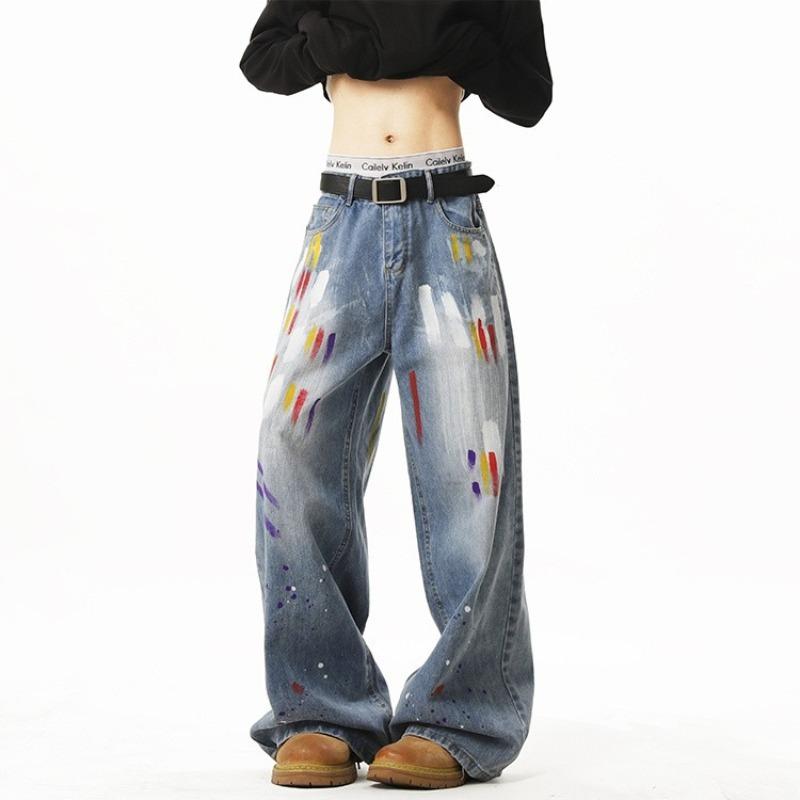 JYL Unisex Flare Jeans Cross-Border American Patch Splash Straight Denim Pants