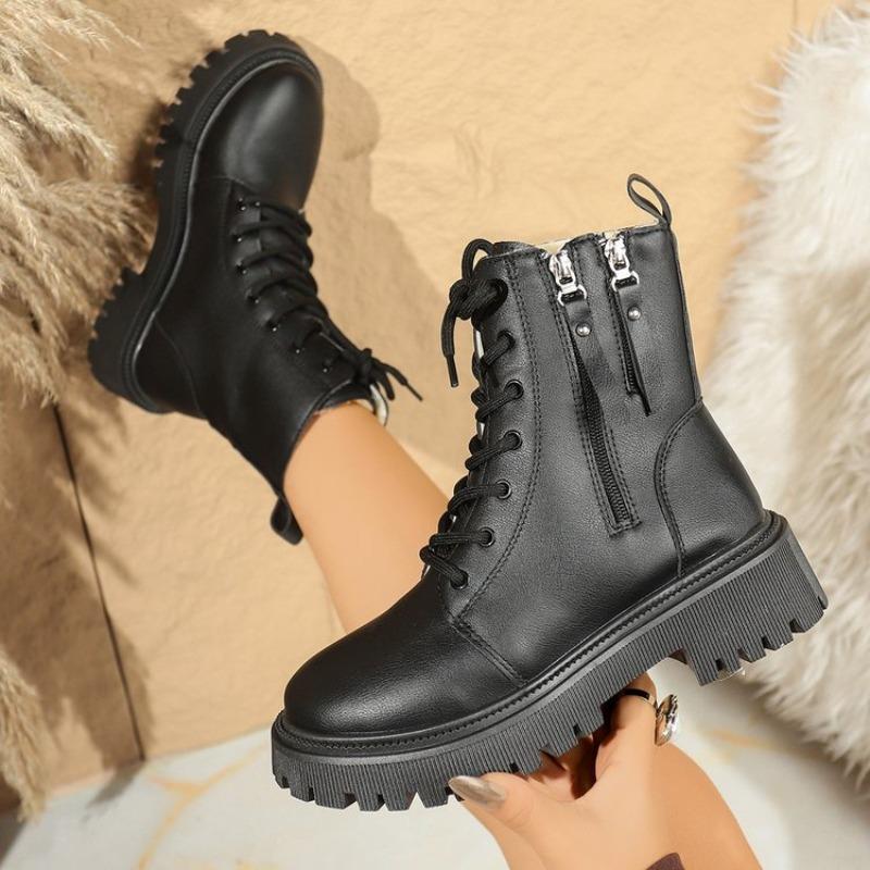 Fashion Women Boots Thick Warm Long Plush Ankle Boots Women Winter Lace Up Leather Motorcycle Boots Plus Size Comfortable Shoes Women