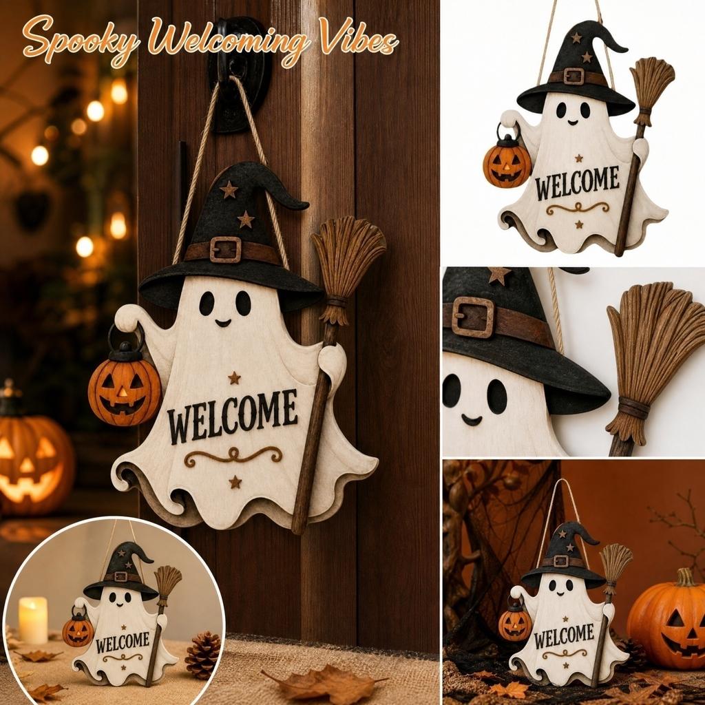 Halloween Wooden Hanging Sign Cute Welcome Door Decor for Party Decorations