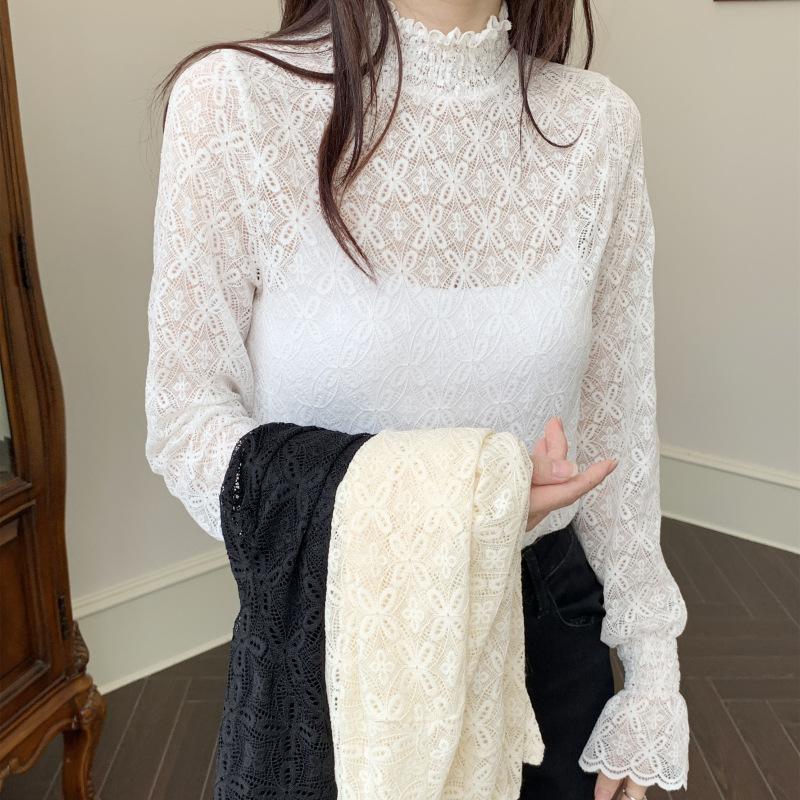 Autumn/winter Women's Semi-high Neck with Velvet Lace Base Slim-fit Long-sleeved Shirt