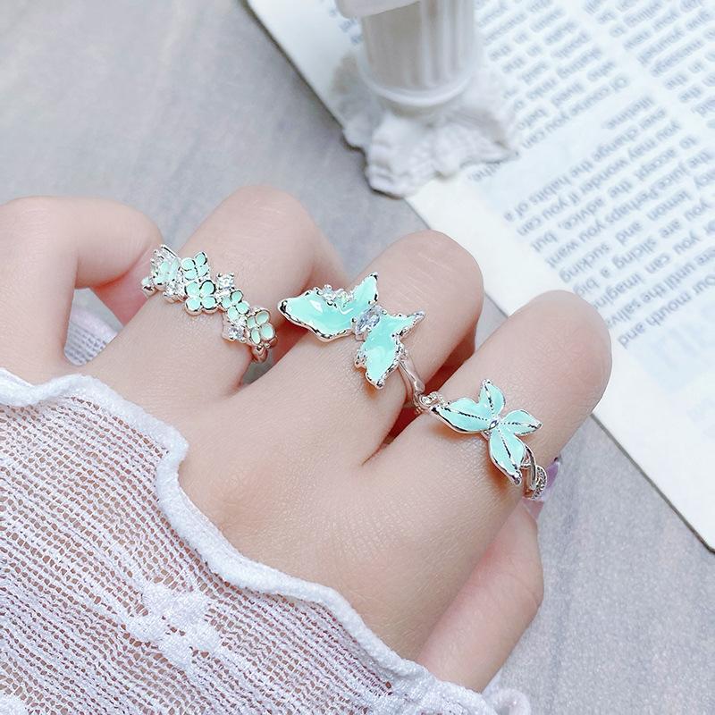 Enamel Mambo Mint Green Drop Glaze Butterfly Opening Ring Female Sweet White Flower Niche Premium Ring