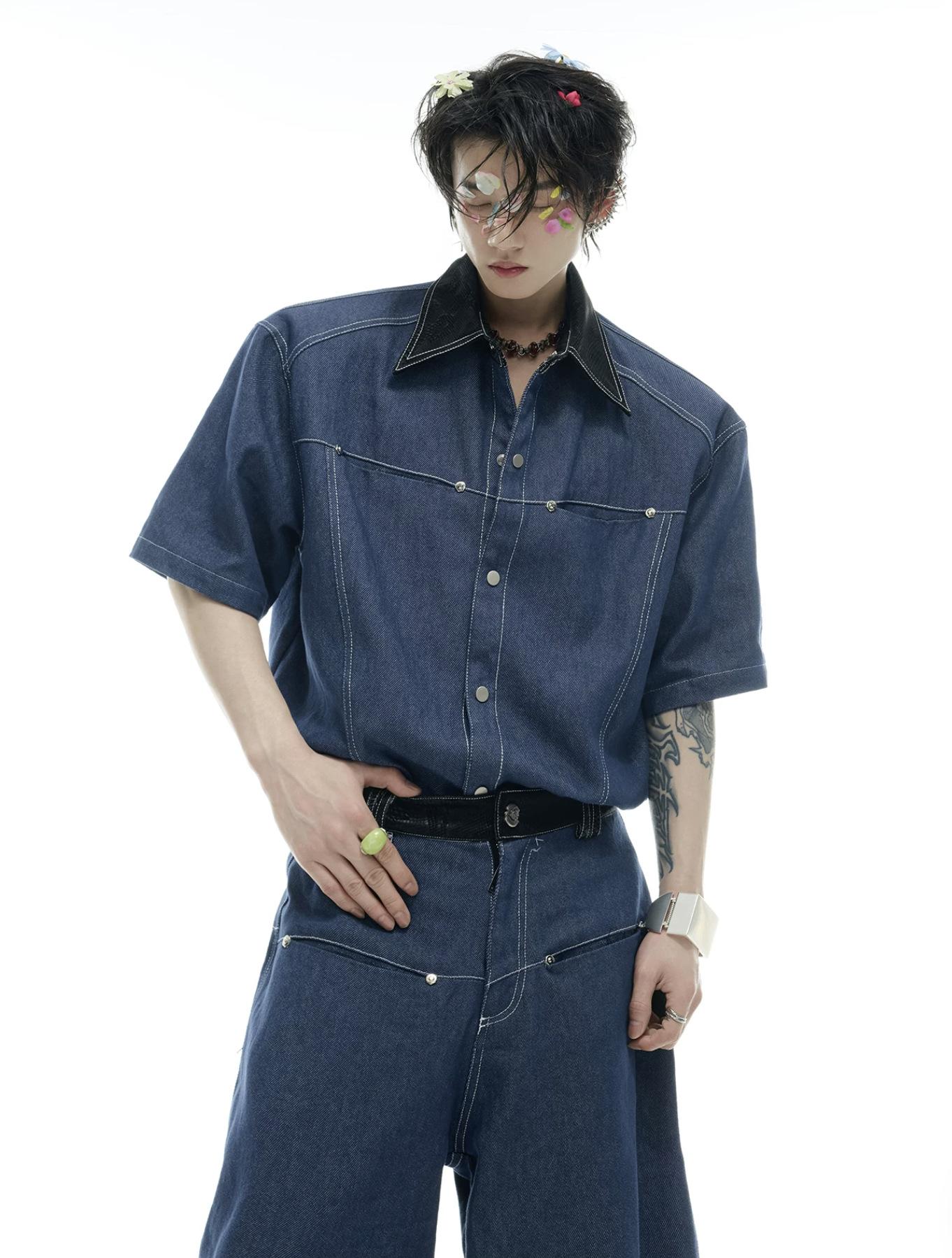 Niche Pu leather splicing design short-sleeved shirt retro extravagant denim suit M