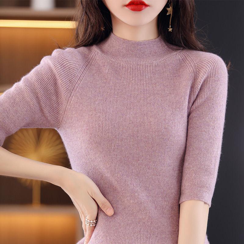 

Вязаный свитер с коротким рукавом, женская полуводолазка, короткая свободная футболка с коротким рукавом, универсальная трикотажная нижняя рубашка M