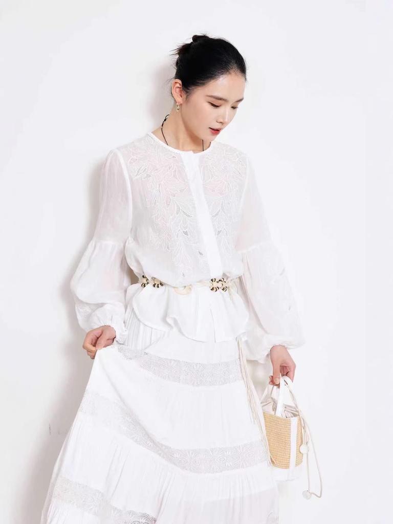 Spring 2026 French Linen Embroidery Shirt with Lantern Sleeves - Southern Style, Perfect for Vacation or Commuting