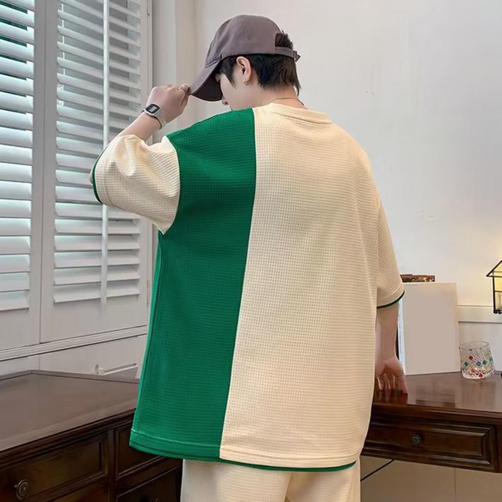 2Pcs/Set Men Summer Casual Outfit O-neck Short Sleeve T-shirt Elastic Drawstring Waist Wide Leg Shorts Set Patchwork Color Lette