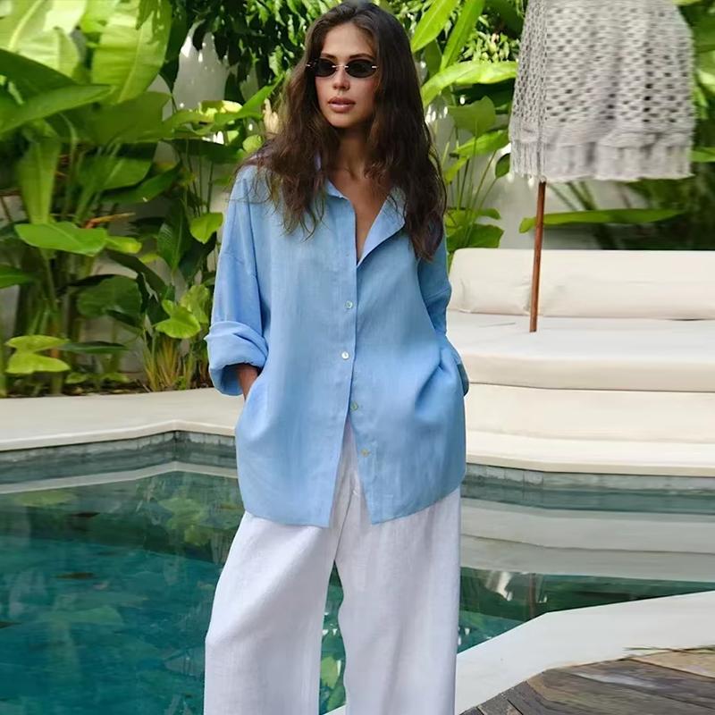 Damen Polokragen Lockeres Hemd Dünne Langarmjacke Schlicht Lässig Pendeln Unifarben Blusen Mode Büro Dame Frühling und Sommer