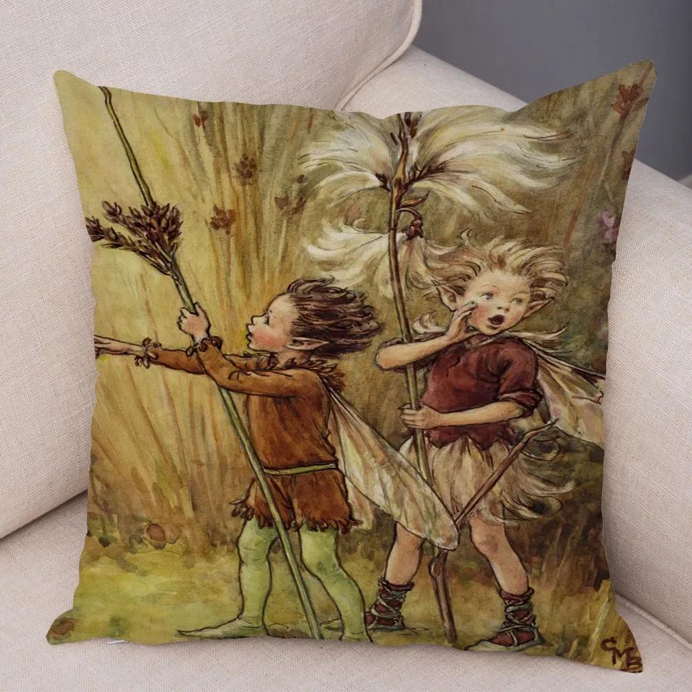 Vintage Cartoon Elfen Kissenbezug Dekor volles Märchenwelt Kissenbezug Plüsch Blumenmädchen Kissenbezug für Sofa Zuhause,(3)