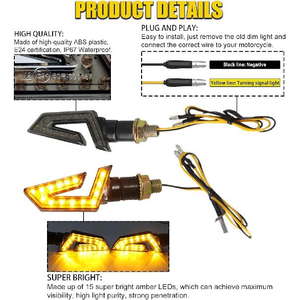 DREAMIZER 4PCS Arrow Motorcycle Turn Signals 15 LED 12V Motorcycle Blinkers Indicators Amber Lamp Compatiable for Motorbike Scooter Quad Cruiser Off
