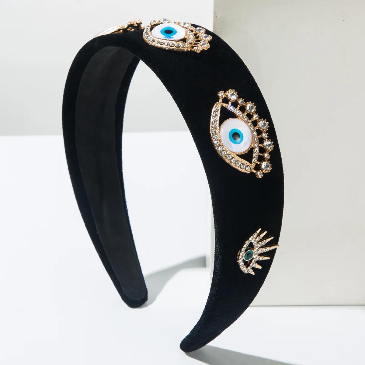 

Европейские и американские тренды Новая ретро фланель с бриллиантами Цветная повязка на голову с глазом дьявола и аксессуары для волос