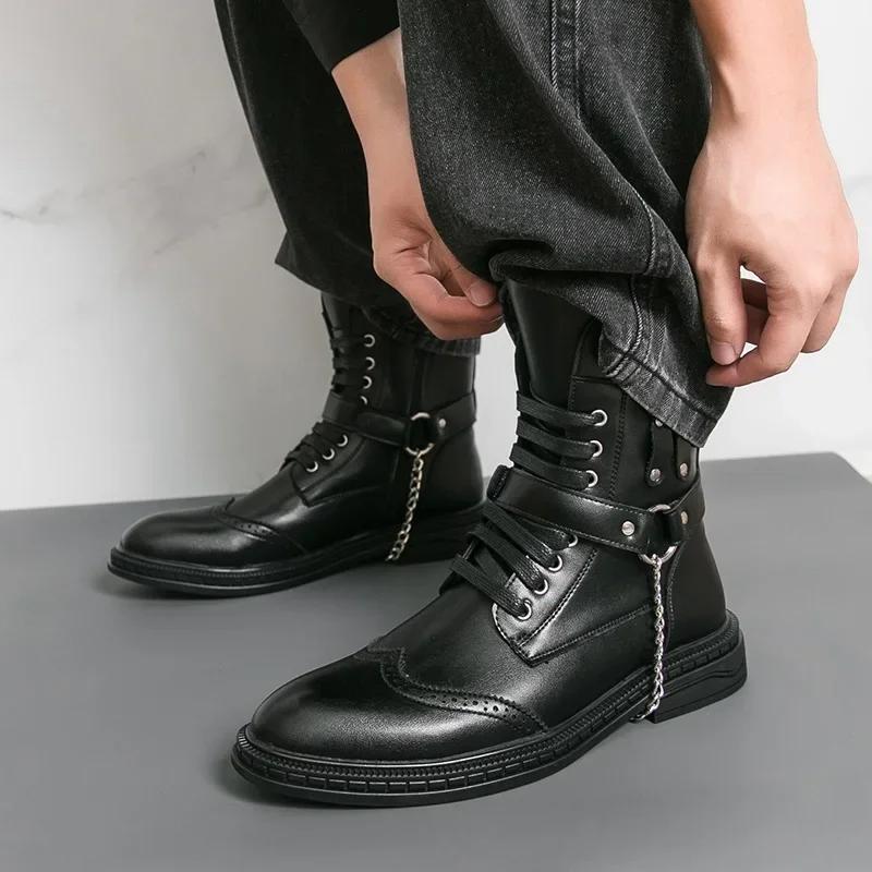 High Quality Men's High-top Boots Punk Metal Chain Design Men's Motorcycle Boots Luxury Casual Leather Ankle Boots Botas Hombre