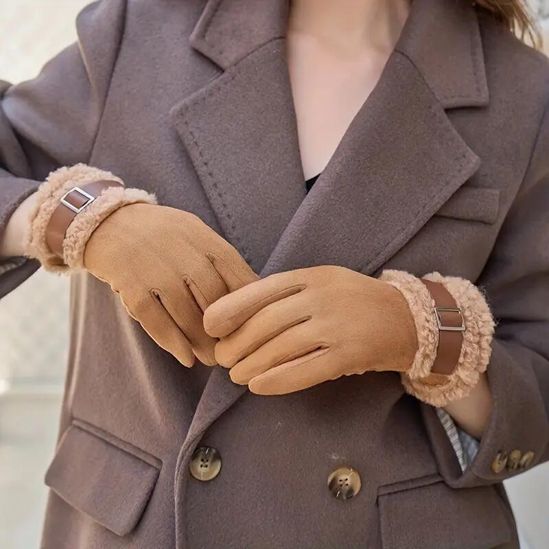 Plush Cuff Metal Buckle Suede Gloves Solid Color Thickened Warm Gloves Women's Stylish Versatile Cold-proof Gloves