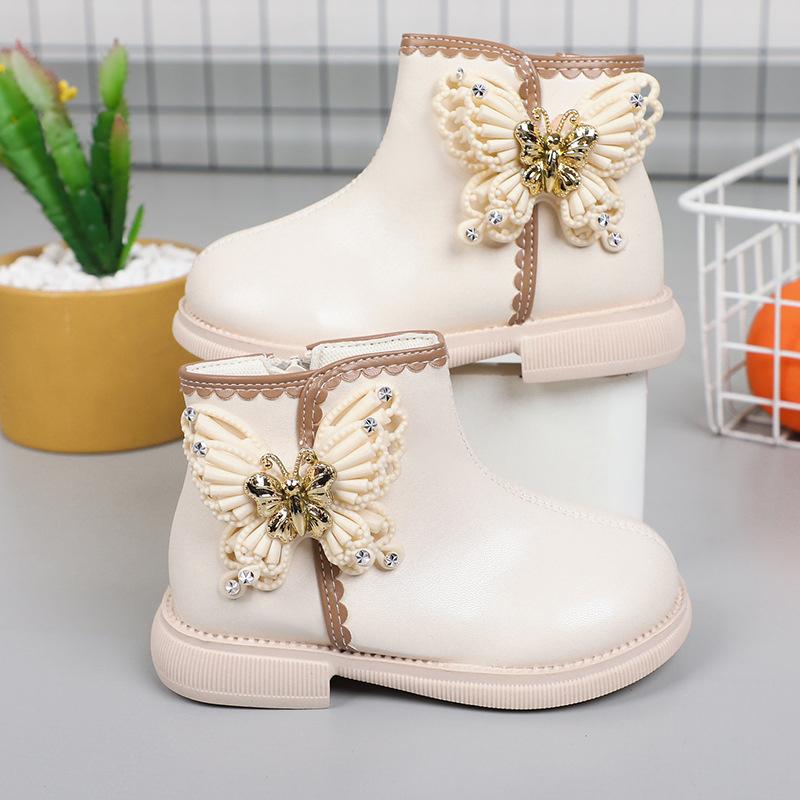 2025 New Girls Boots Classic Butterfly Sweet Princess Kids Shoes  Non-slip Round-toe Versatile Soft Children Boots