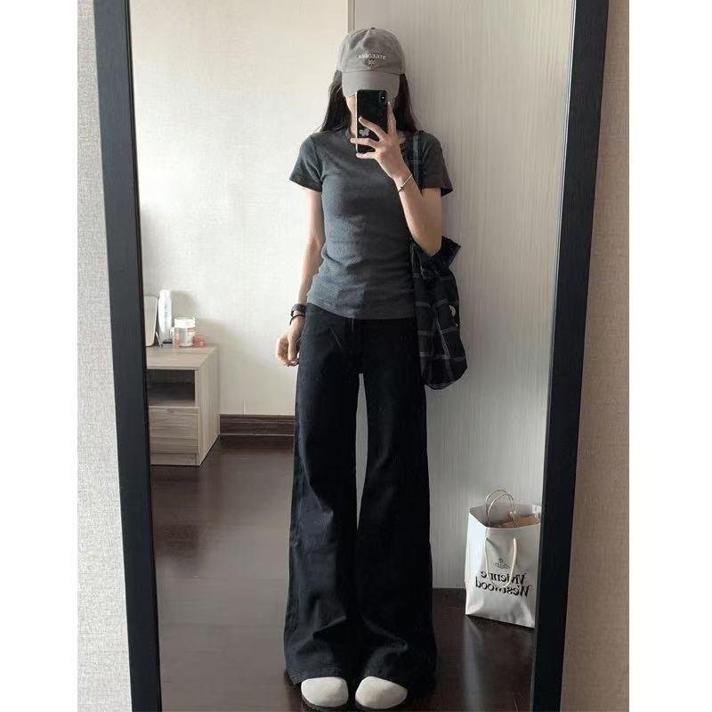 Women's American Style Low-Rise Black Micro-Flare Jeans - Loose, Slimming, Floor-Length Pants for Spring/Summer