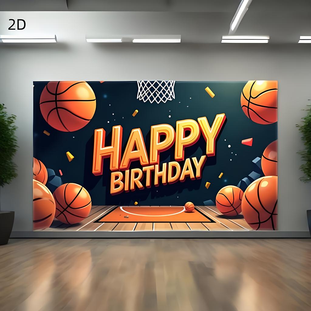 2D basketball-themed birthday banner - Polyester decoration, vivid basketball court design, indoor and outdoor celebration