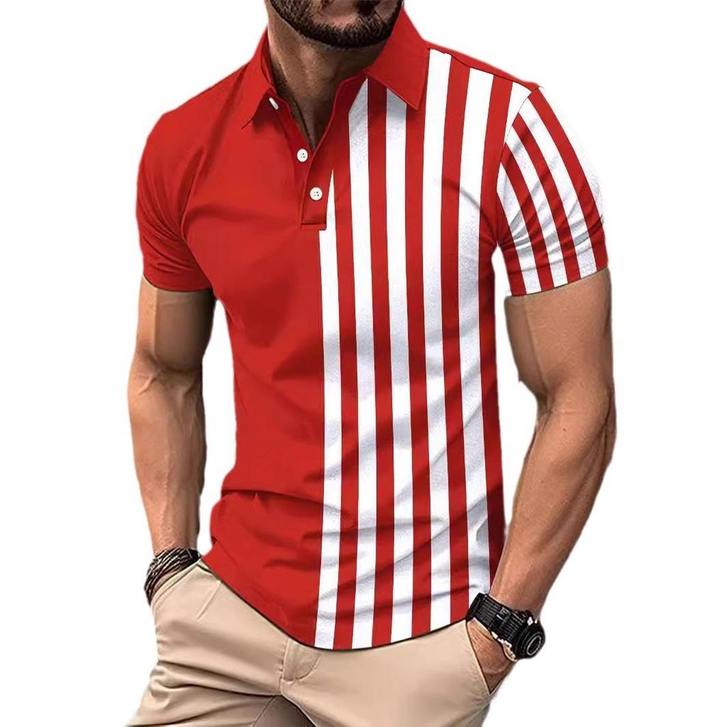 New Summer New Men's Short-sleeved Polo Shirt Striped Printed Lapel Polo Shirt Men's T-shirt Tops