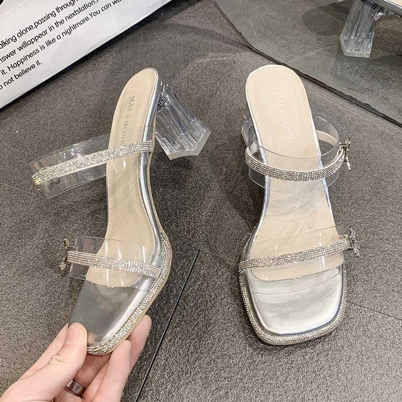 Fairy Wind Crystal Thick Heel Slippers Female Outer Wear 2025 Summer New Beautiful Transparent Rhinestone Temperament One-word Drag