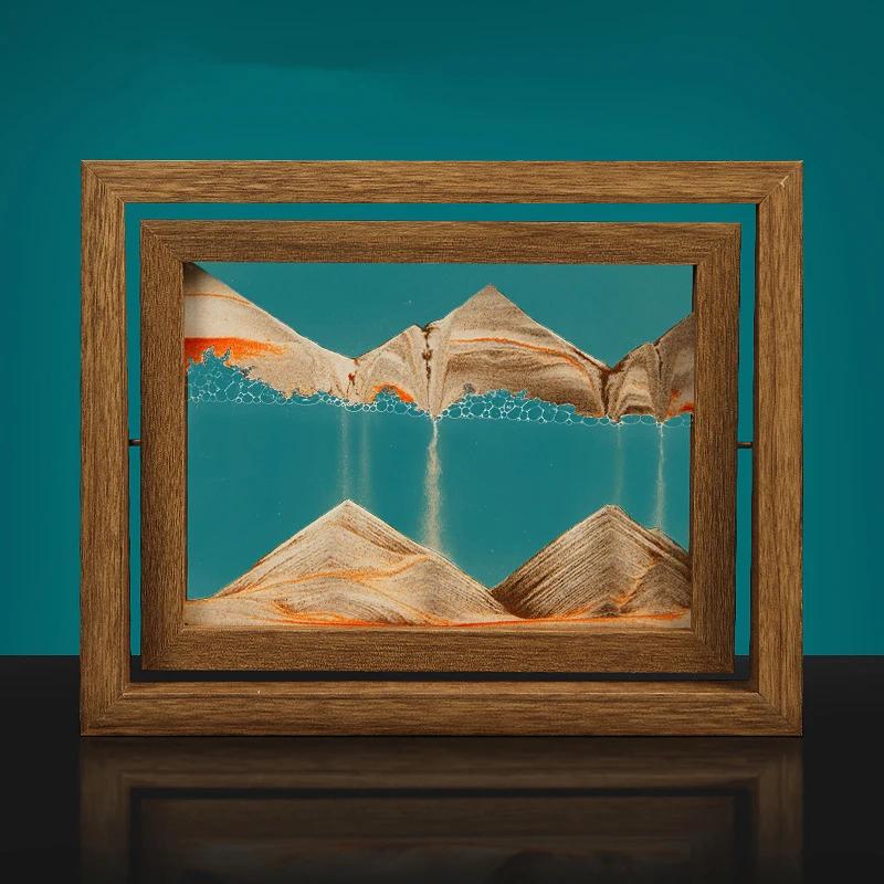 Moving Sand Art 3D Sandscape Quicksand Painting Liquid Hourglass Rotatable Wooden Frame Flowing Sand Home Decor Christmas Gift