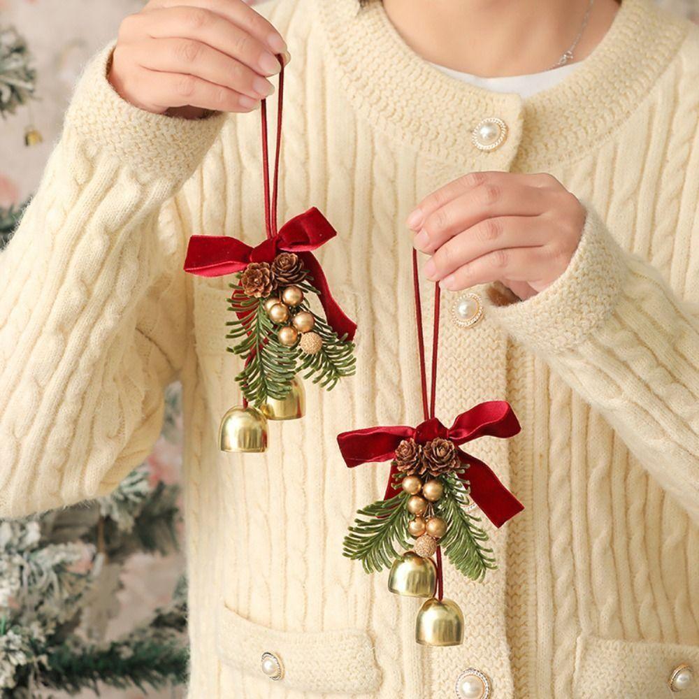 Wreath Christmas Chime Bell Green Pine Cone Bell Pendant Christmas Velvet Bow Bell  Garden Decor
