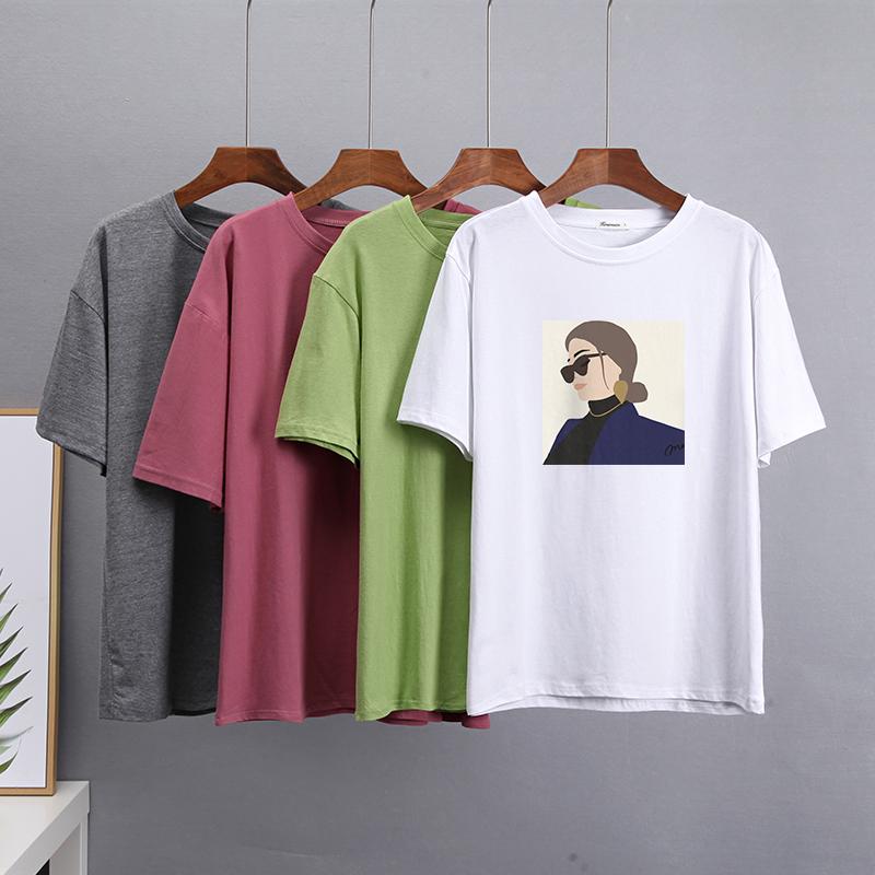 Hirsionsan Elegant Character Printed T Shirt Women Summer Chic Casual Tees Cotton Jumper Clothes Oversized Pullover Female Tops