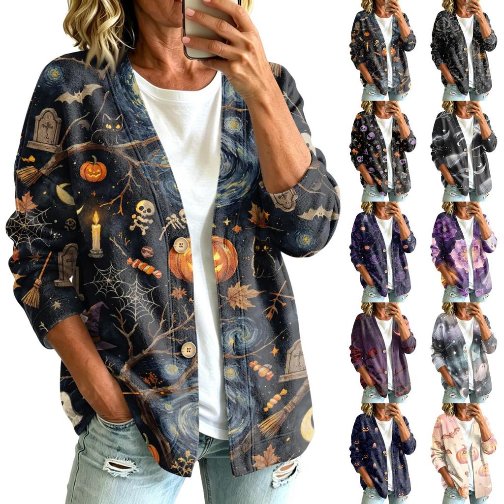 Women's Casual Long Sleeve Jacket with Halloween Print for Fall Daily Wear