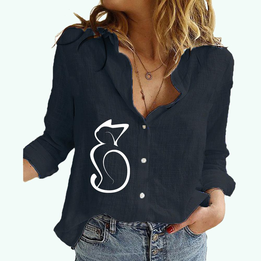 Camisa tipo cárdigan con cuello de solapa a la moda para mujer, blusa de lino y algodón de manga larga para mujer, blusa holgada informal con estampado de gatos para primavera, verano y otoño