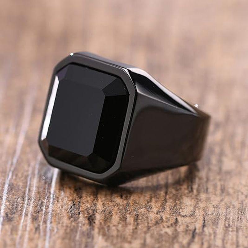 Man Ring Black Carnelian Signet Rings Stainless Steel Square Pinky Rings Gents Wealth and Rich Status Jewelry