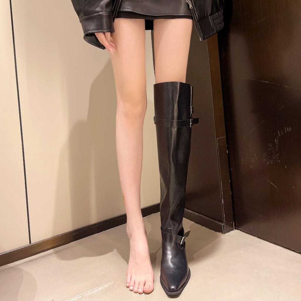 Fashion Knee-high Pointed-toe Women's Knight Boots Retro Thick Heel Slimming Large Tube Autumn Winter New Style Polyurethane Material