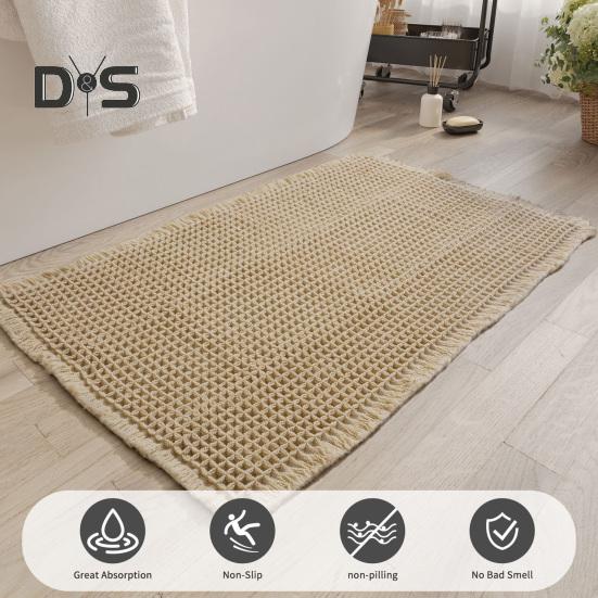 Floor Mat Absorb Moisture 3D Waffle Texture Door Mat Fringe Trim Anti-Slip Double-Layer Superior Absorbency Entryway Rug for Bathroom Kitchen
