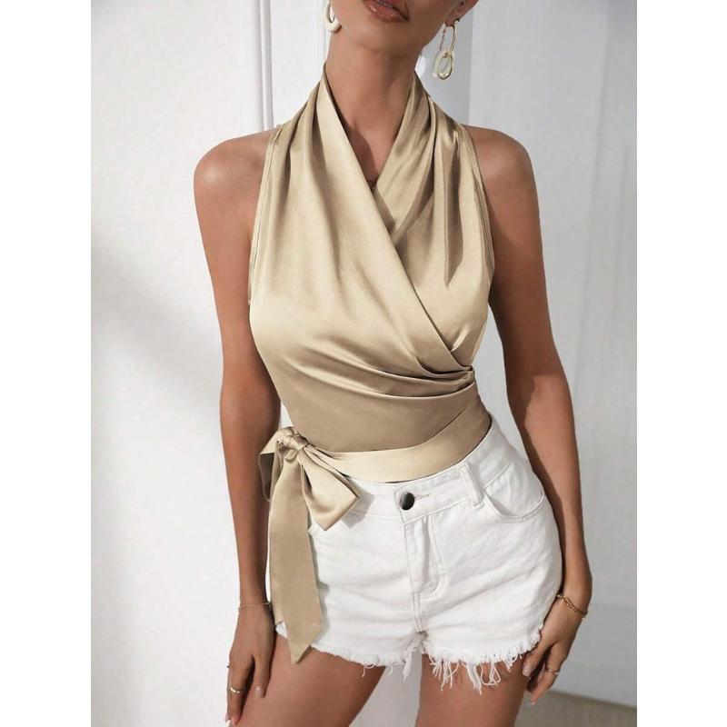 Top da Donna Primavera Estate in Raso con Scollo all'Americana Sexy Incrociato con Laccio Laterale Senza Maniche Corto Elegante per Festa e Lavoro