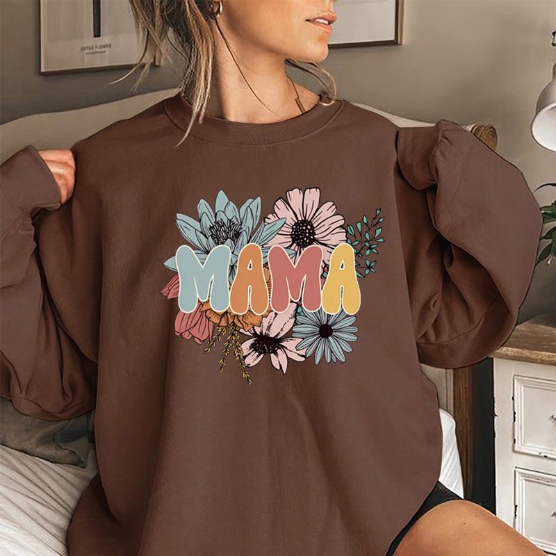 Women's Autumn/Winter Floral MAMA Print Hoodie with Back Collar and Round Neck